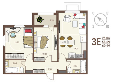 Квартира 60,5 м², 2-комнатная - изображение 1