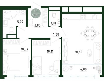 Квартира 60,2 м², 2-комнатная - изображение 1