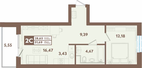 Квартира 51,7 м², 2-комнатная - изображение 1