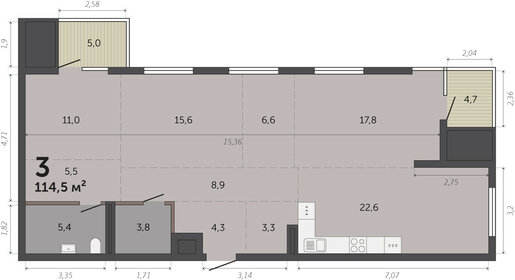 Квартира 114,5 м², 3-комнатные - изображение 1
