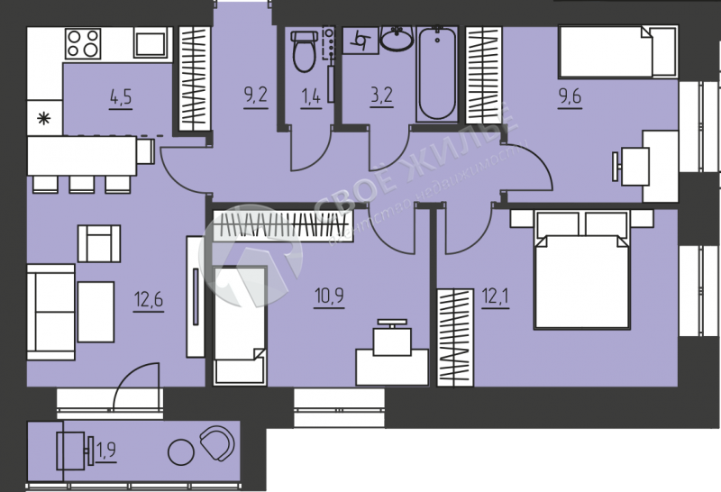 65,4 м², 4-комнатная квартира 9 047 000 ₽ - изображение 1