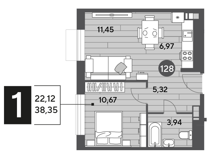 38,4 м², 1-комнатная квартира 6 274 060 ₽ - изображение 1