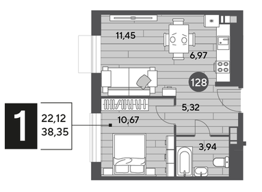 Квартира 38,4 м², 1-комнатная - изображение 1