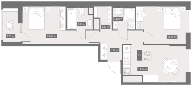 Квартира 55,3 м², 2-комнатная - изображение 1