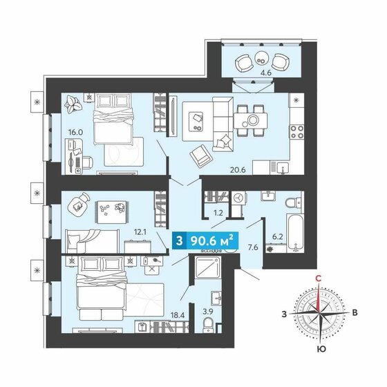 90,6 м², 3-комнатная квартира 7 788 060 ₽ - изображение 1