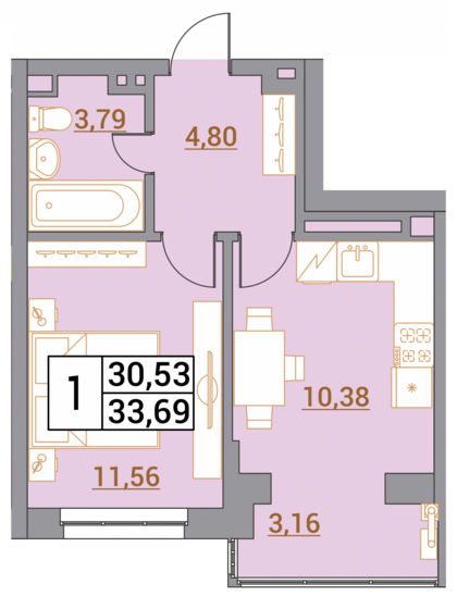 33,7 м², 1-комнатная квартира 3 369 000 ₽ - изображение 1