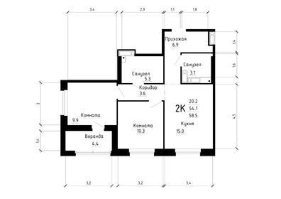 Квартира 58,5 м², 2-комнатная - изображение 2