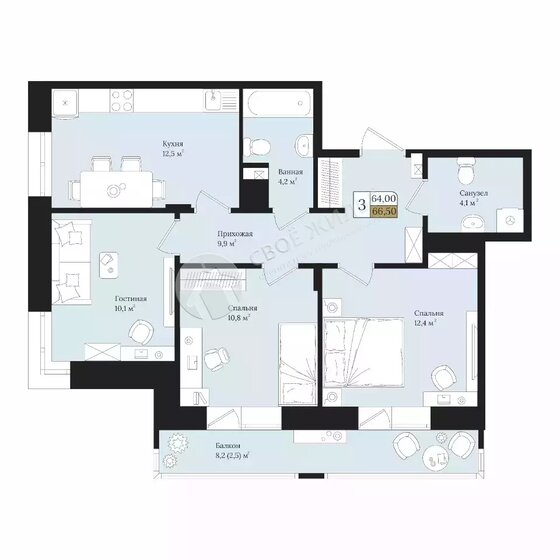 66,5 м², 3-комнатная квартира 7 581 000 ₽ - изображение 1