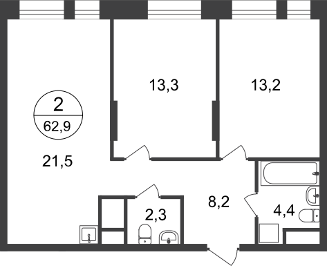 62,9 м², 2-комнатная квартира 15 025 750 ₽ - изображение 1