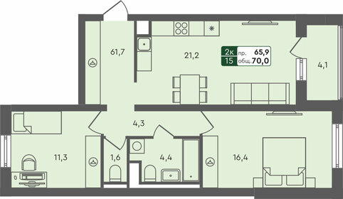 Квартира 70 м², 2-комнатная - изображение 1