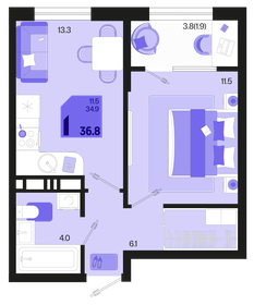 Квартира 36,8 м², 1-комнатная - изображение 1