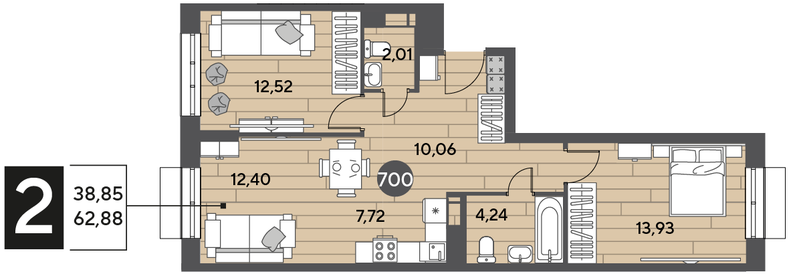 Квартира 62,9 м², 2-комнатная - изображение 1