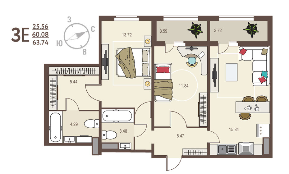 63,7 м², 2-комнатная квартира 5 354 160 ₽ - изображение 1