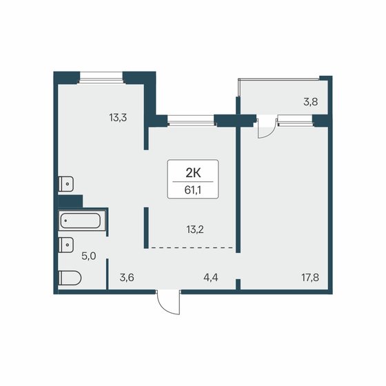 61,1 м², 2-комнатная квартира 6 400 000 ₽ - изображение 1