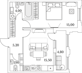 Квартира 44 м², 1-комнатная - изображение 1