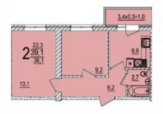 Квартира 39,1 м², 2-комнатная - изображение 1