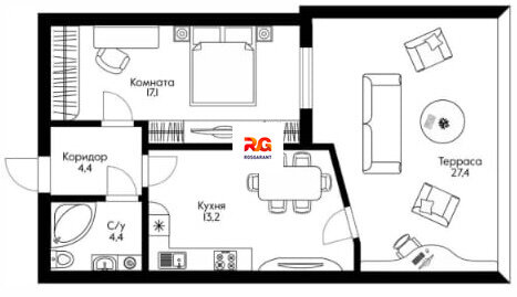 Квартира 64,1 м², 1-комнатная - изображение 1