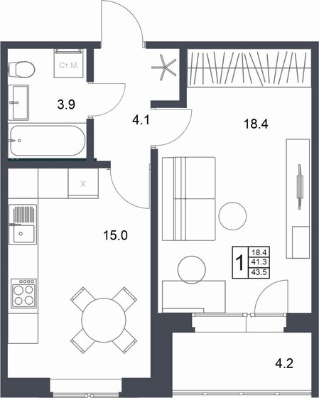 43,5 м², 1-комнатная квартира 4 467 450 ₽ - изображение 1