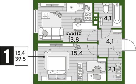 39,5 м², 1-комнатная квартира 7 350 950 ₽ - изображение 5