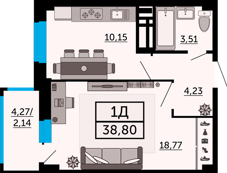 38,8 м², 1-комнатная квартира 6 440 800 ₽ - изображение 1