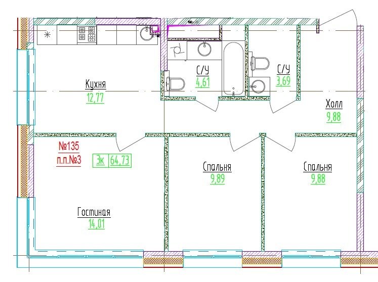 64 м², 3-комнатные апартаменты 29 500 000 ₽ - изображение 1