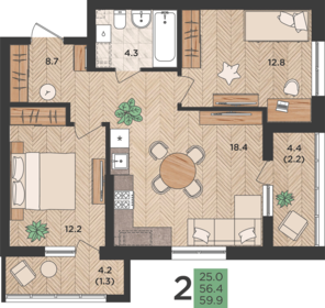 59,9 м², 2-комнатная квартира 7 787 000 ₽ - изображение 11