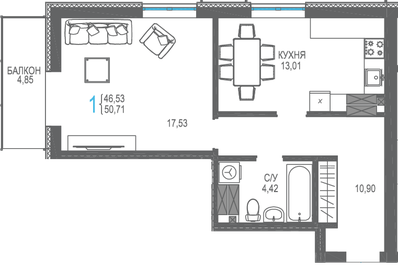 Квартира 50,7 м², 1-комнатная - изображение 1