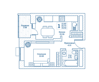 Квартира 34,5 м², 1-комнатная - изображение 1