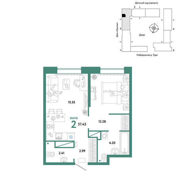 37,4 м², 2-комнатная квартира 6 760 000 ₽ - изображение 1