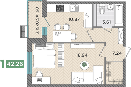 40,4 м², 1-комнатная квартира 5 370 540 ₽ - изображение 51