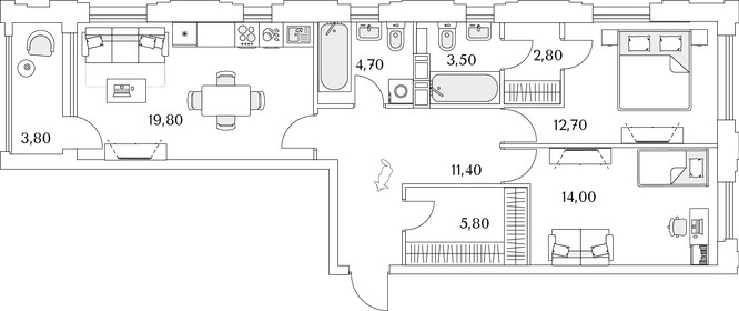 Квартира 76,6 м², 2-комнатная - изображение 1