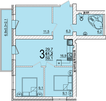 61,2 м², 3-комнатная квартира 7 474 160 ₽ - изображение 1