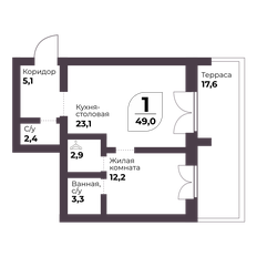 Квартира 49 м², 1-комнатная - изображение 2