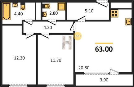 Квартира 63 м², 2-комнатная - изображение 1