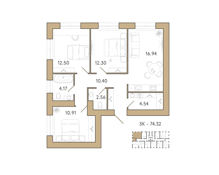 75 м², 3-комнатная квартира 8 997 600 ₽ - изображение 1