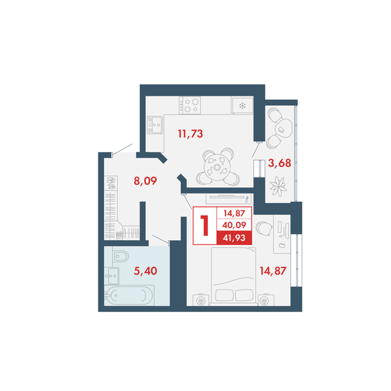 41,9 м², 1-комнатная квартира 3 815 630 ₽ - изображение 1