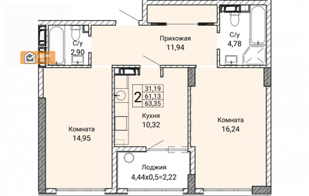 63,2 м², 2-комнатная квартира 8 343 000 ₽ - изображение 21