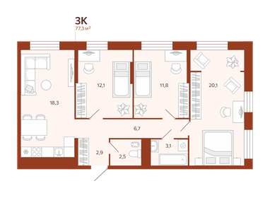 Квартира 77,3 м², 3-комнатная - изображение 1