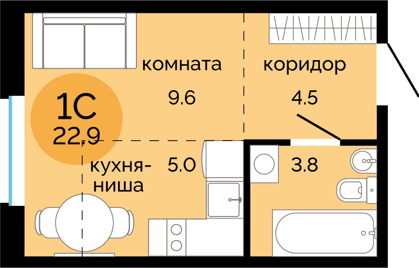 22,9 м², квартира-студия 3 320 000 ₽ - изображение 1