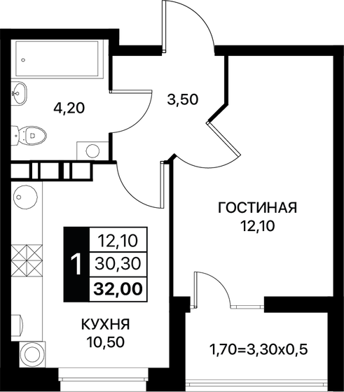 32 м², 1-комнатная квартира 4 528 000 ₽ - изображение 1