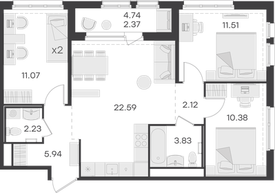 63 м², 3-комнатная квартира 8 500 000 ₽ - изображение 81