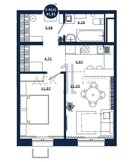 41,9 м², 1-комнатная квартира 6 250 000 ₽ - изображение 1
