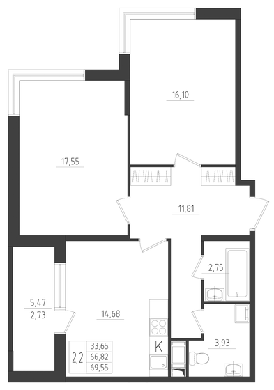 69,6 м², 2-комнатная квартира 11 406 200 ₽ - изображение 1