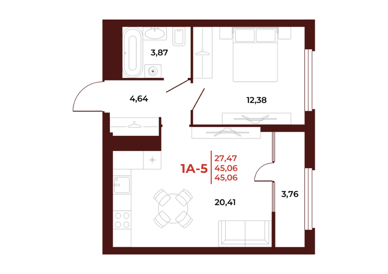 45,1 м², 1-комнатная квартира 5 091 780 ₽ - изображение 1