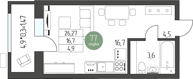 29,7 м², квартира-студия 4 334 550 ₽ - изображение 1