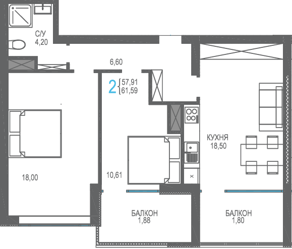61,6 м², 2-комнатная квартира 16 937 250 ₽ - изображение 1