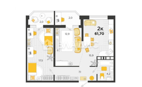 Квартира 61,7 м², 2-комнатная - изображение 1