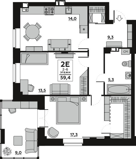 59,5 м², 2-комнатная квартира 7 100 000 ₽ - изображение 1