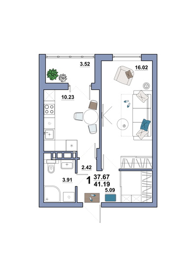 41,2 м², 1-комнатная квартира 3 675 910 ₽ - изображение 1