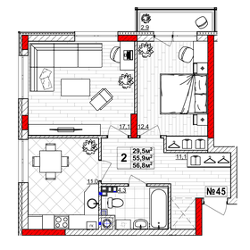 Квартира 56,8 м², 2-комнатная - изображение 1